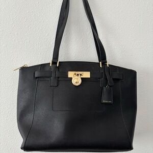 Michael Kors Black Satchel Purse Handbag Leather Logo Gold Hardware EXC 1811-S19